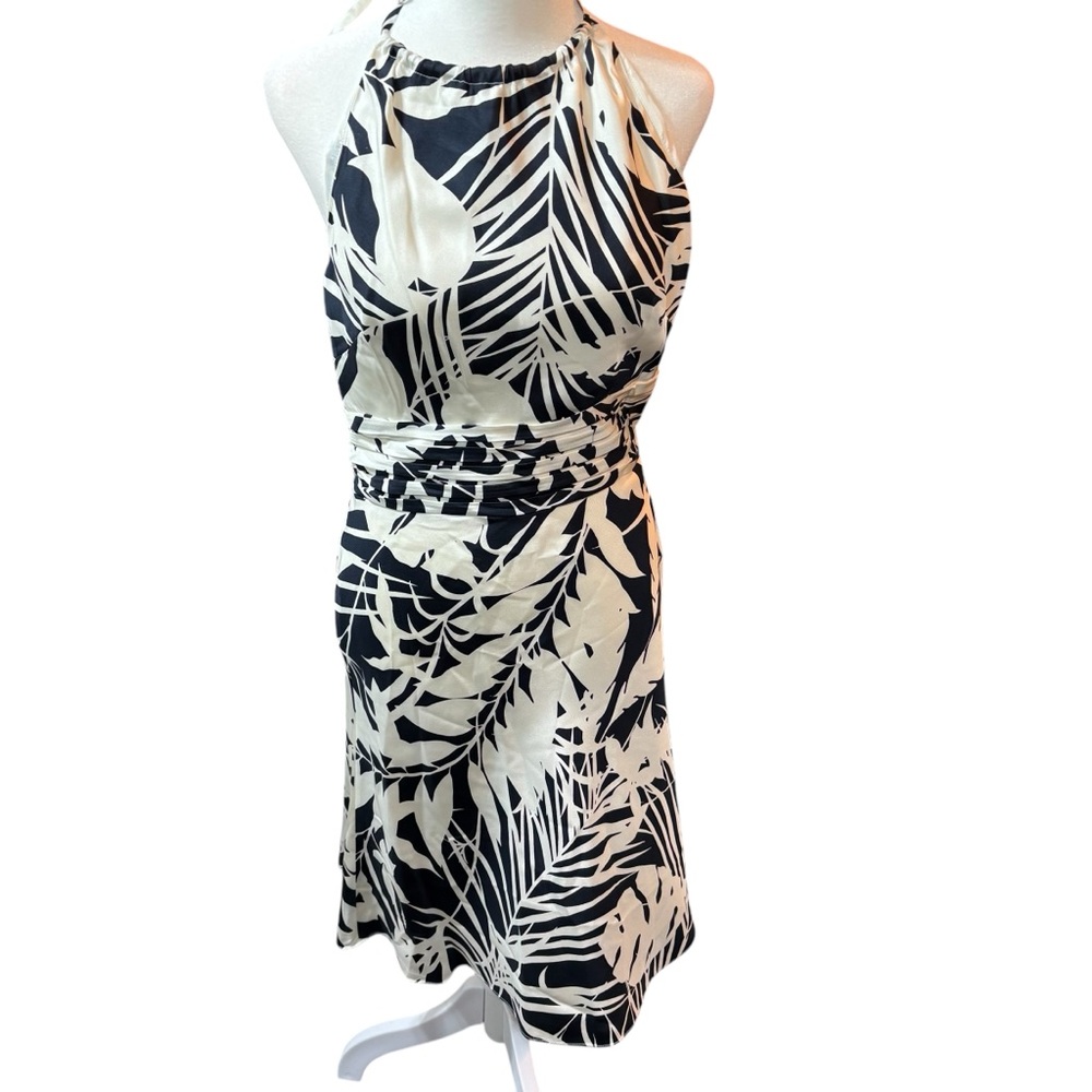 Ann Taylor Petites Halter Dress 2P Black White Palm‎ Tropical Ruched Waist #329